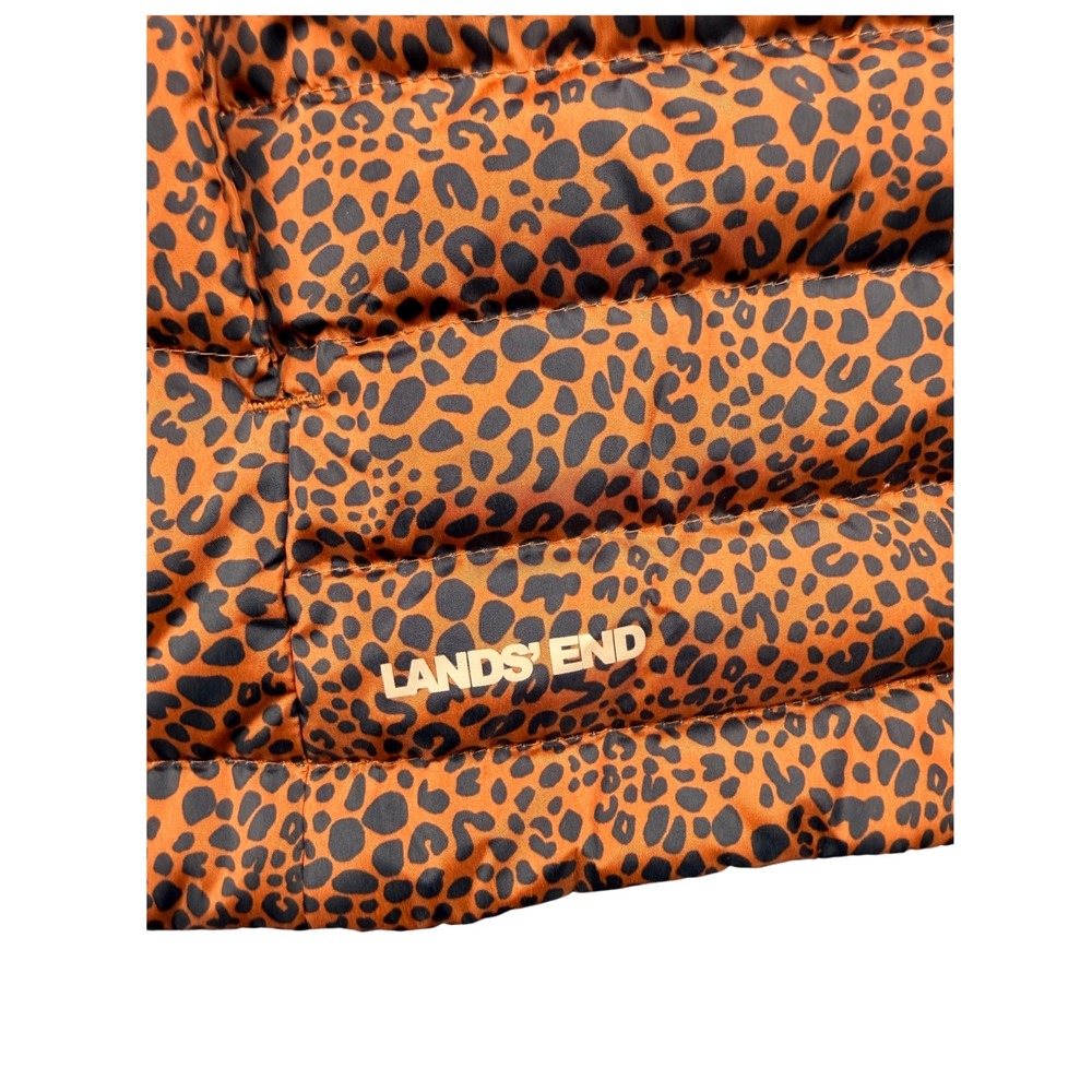 Lands End Women 2X Down Puffer Vest Orange Brown Leopard Print Quilted Full Zip - Picture 6 of 6